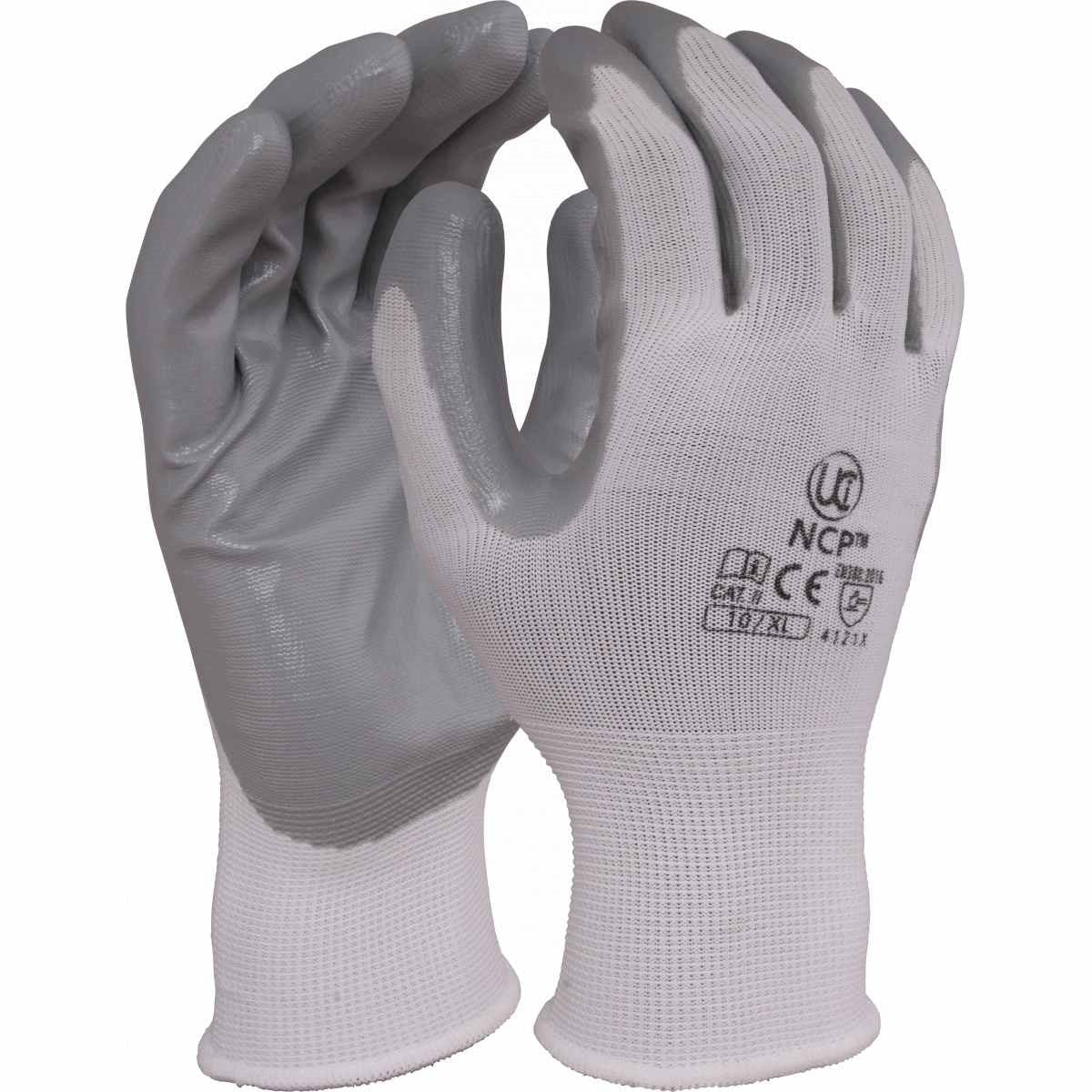UCI - NCP - Nitrile Palm Polyester Gloves - Grey/White - Pack of 10