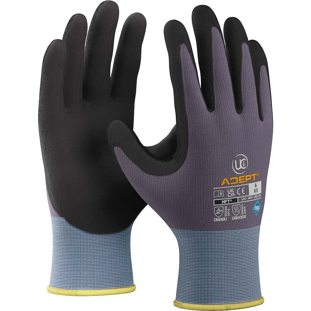 UCI - Adept - NFT Micro Foam Nitrile Palm Coated Gloves - Grey - Pack of 10